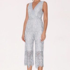 Foxiedox Ice Blue Lace Sleeveless Faux Wrap Front Pants Jumpsuit Formal Size XS